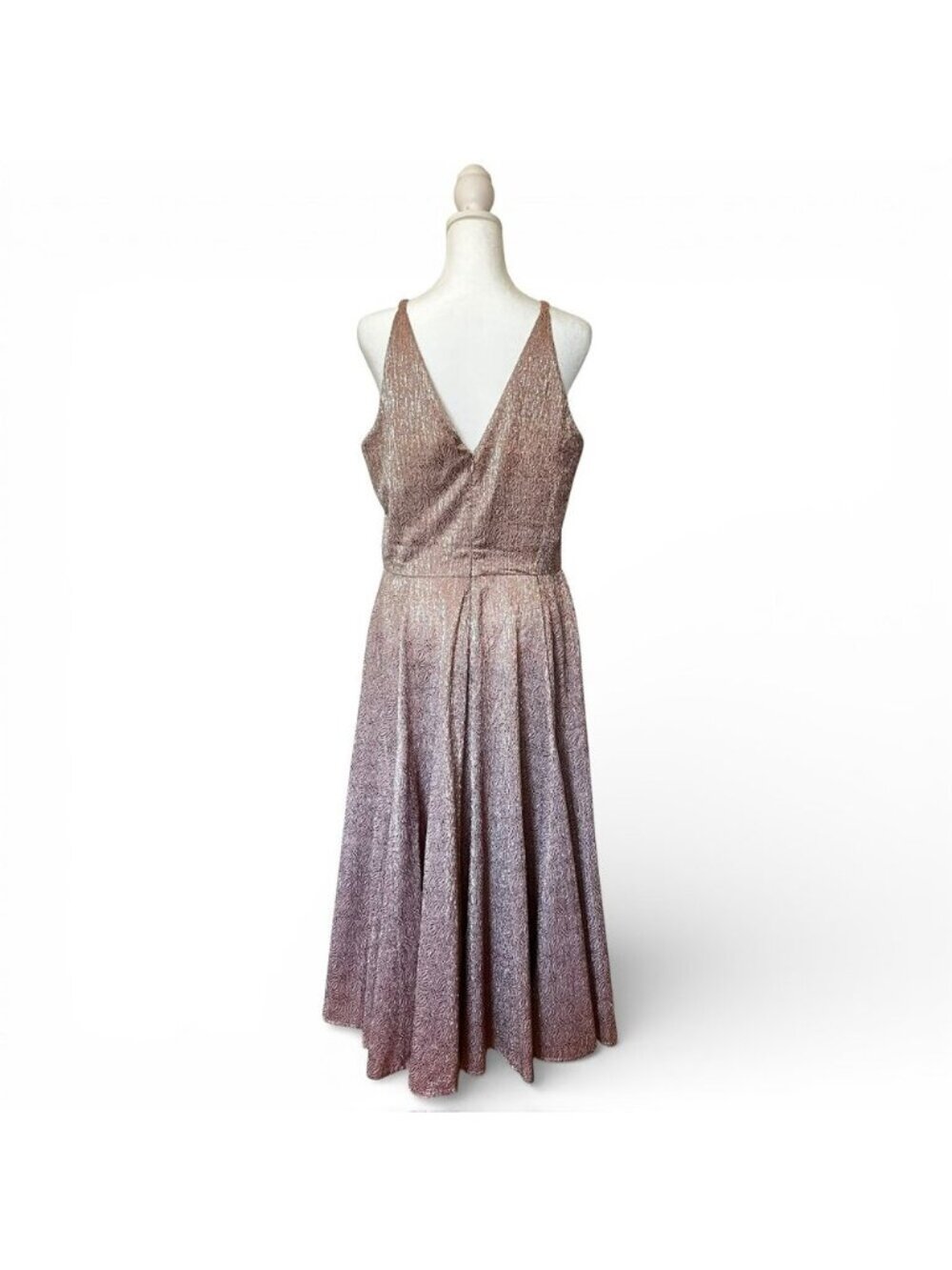 Rose Gold Metallic Cocktail Dress Backless Fit & Flare Wedding Guest Glam - Picture 3 of 9